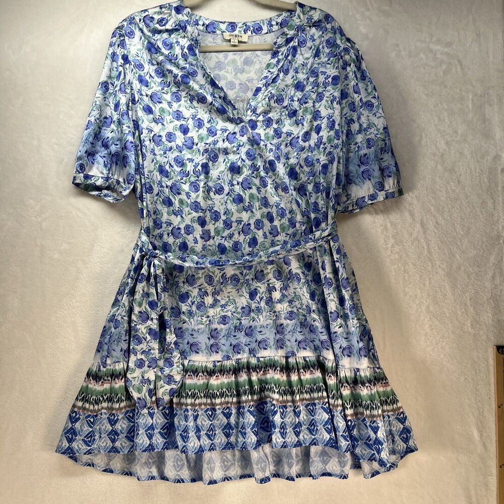 Umgee Satin Floral Print Split Neck Waist Tie Ruffle Hem Dress Women’s Sz S
